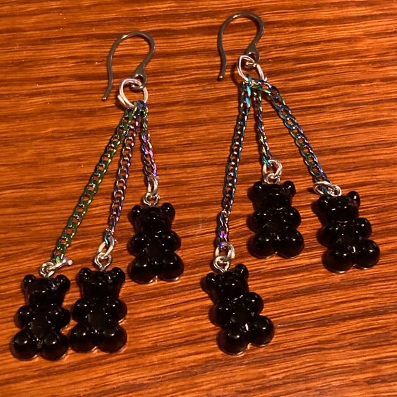 Triple Scummy Bear Black and Rainbow Dangle Earrings - Picture 2 of 4